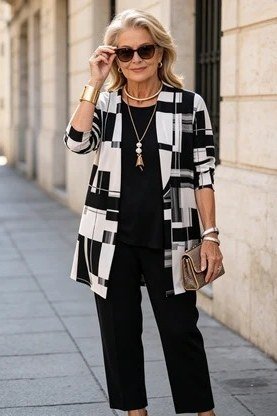 Black and white geometric print cardigan over black top and black pants, classy casual outfit idea for women over 60