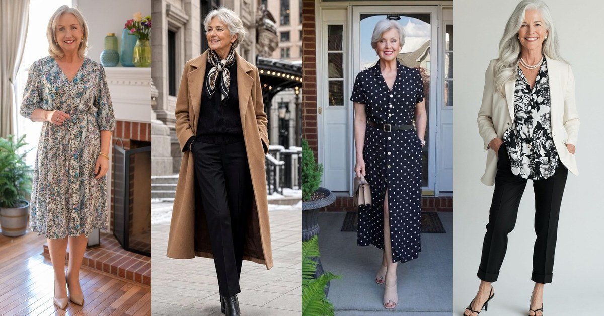 Collage of classy casual outfits for women over 60: floral dresses, linen sets and camel coats
