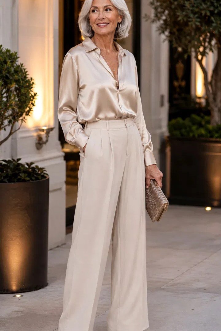 Woman over 50 in champagne satin shirt and wide-leg trousers outdoors