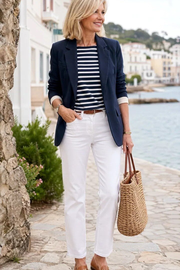 Woman over 50 in navy blazer, striped top and white jeans by the harbor