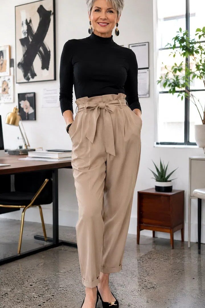 Woman over 50 in black top and camel paperbag-waist trousers in an office