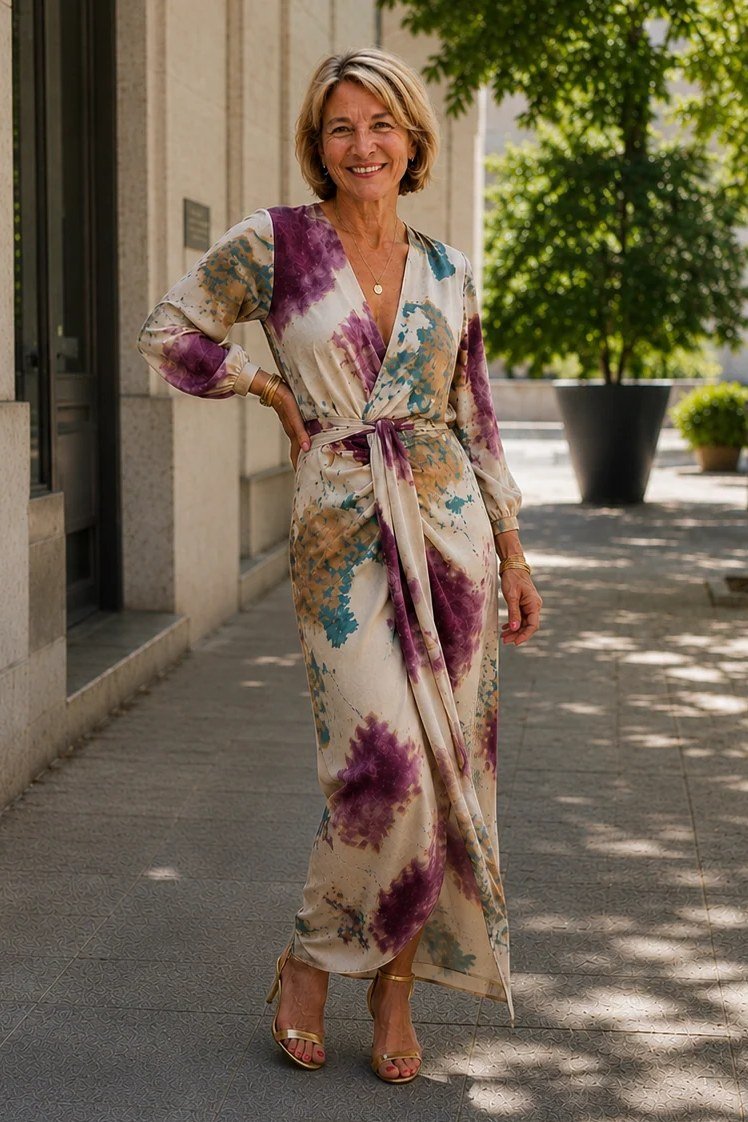 Woman over 50 in multicolor floral wrap maxi dress outdoors