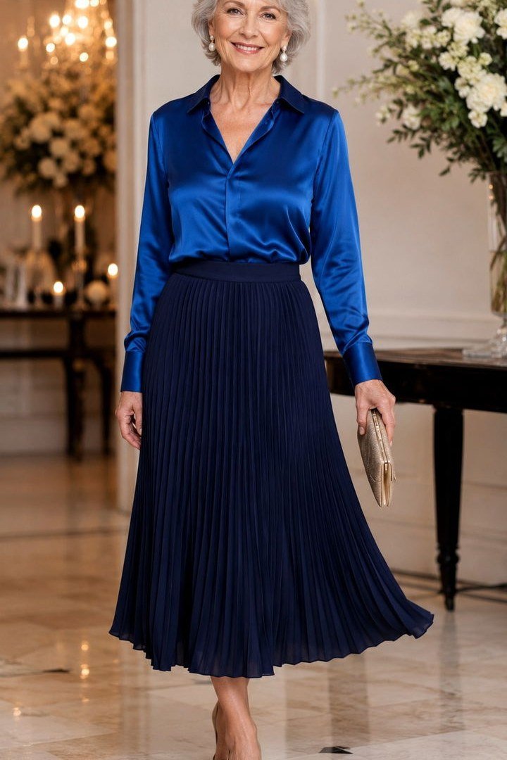 Woman over 50 in cobalt blue satin blouse and navy pleated midi skirt