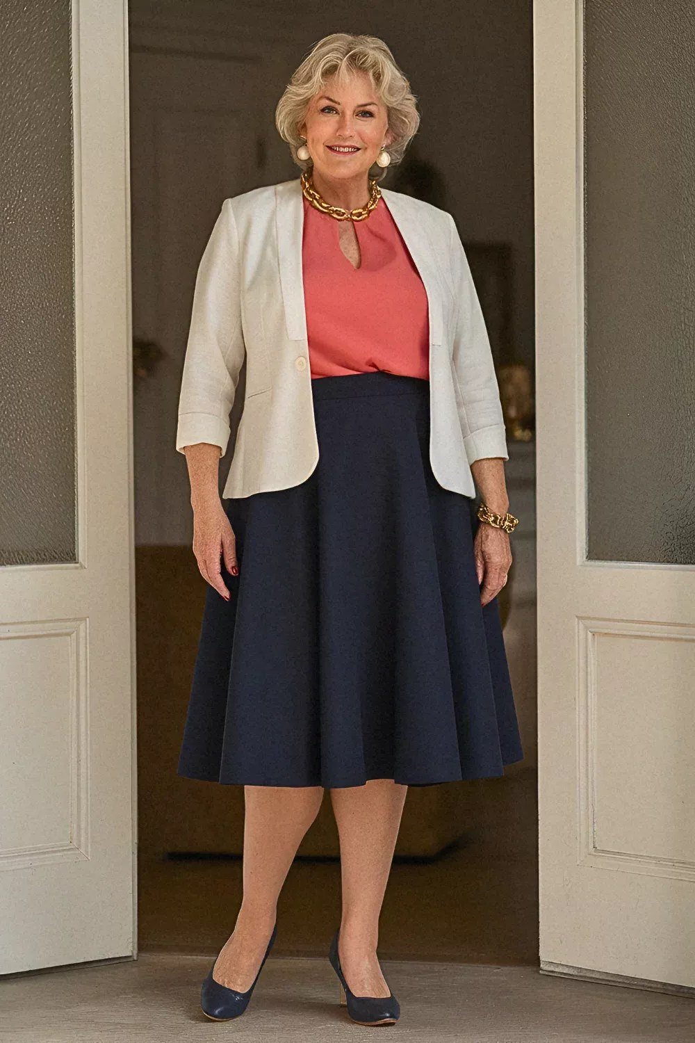 Woman over 50 in coral top, ivory blazer and navy A-line skirt