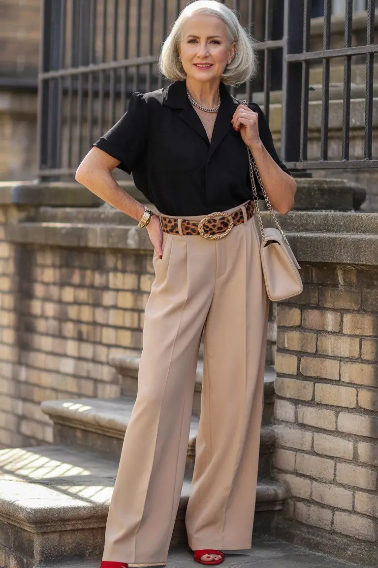 Woman over 50 in black blouse, tan wide-leg trousers and leopard belt