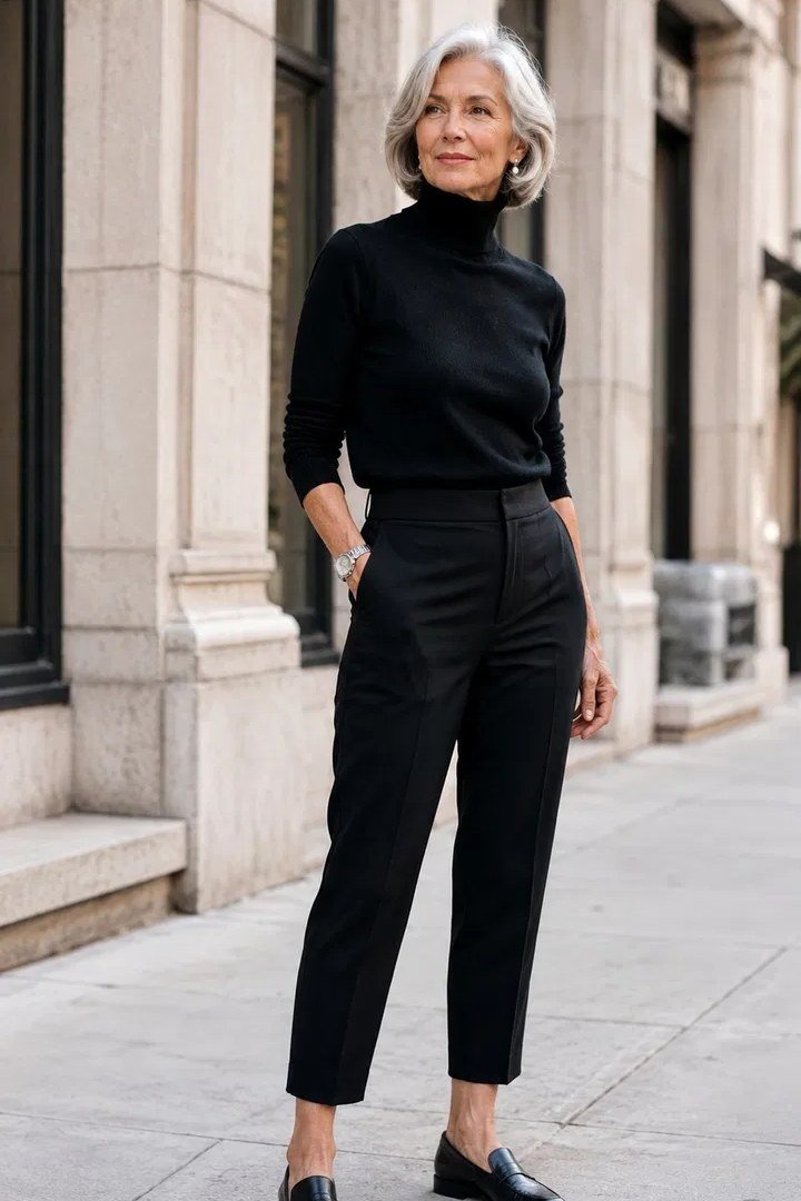 Woman over 50 in black turtleneck and black cropped trousers with loafers