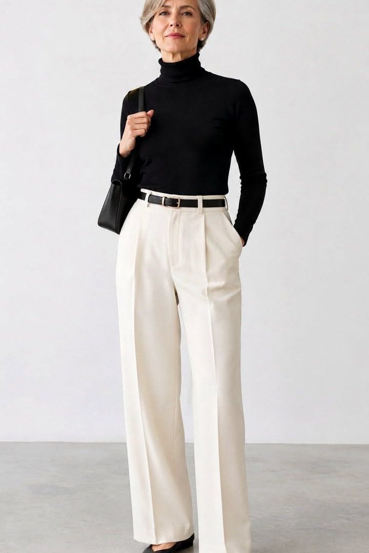 Woman over 50 in black turtleneck and ivory wide-leg trousers with black flats
