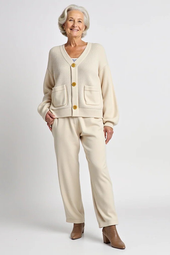 Woman over 50 in cream cardigan knit set with tan ankle boots