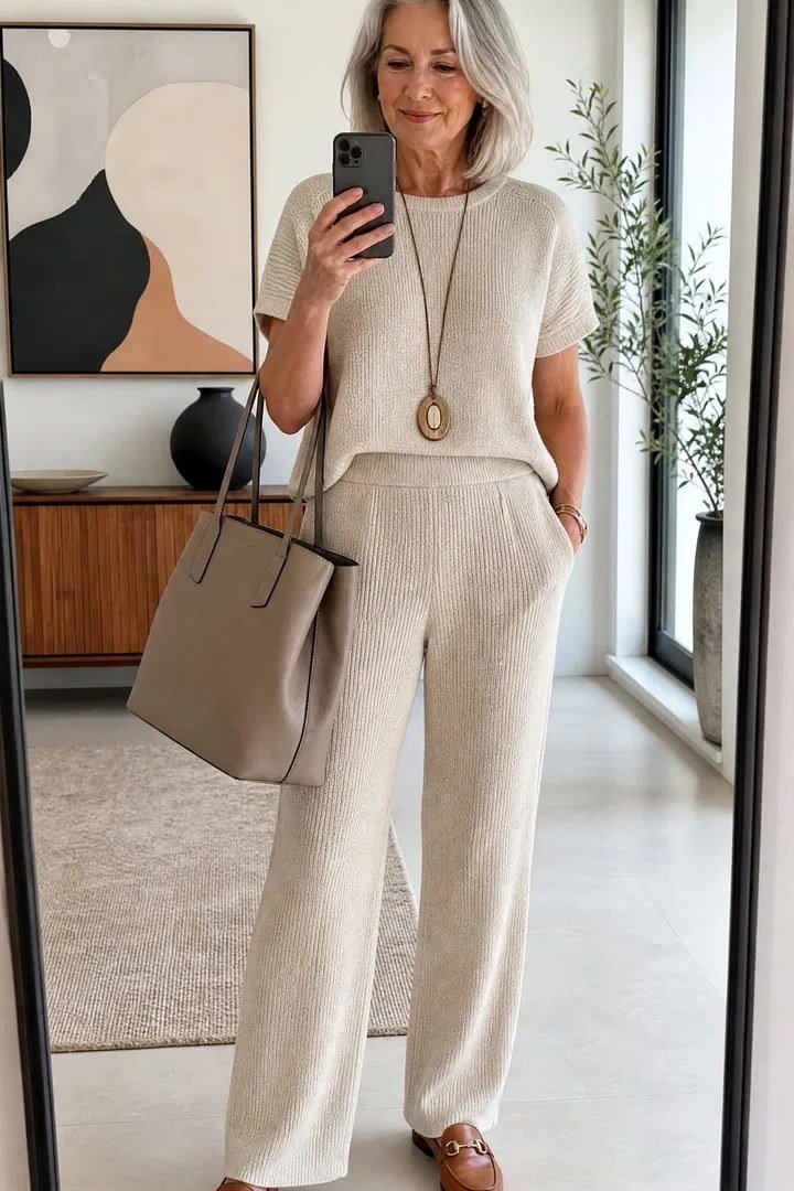 Woman over 50 in beige knit set with brown loafers