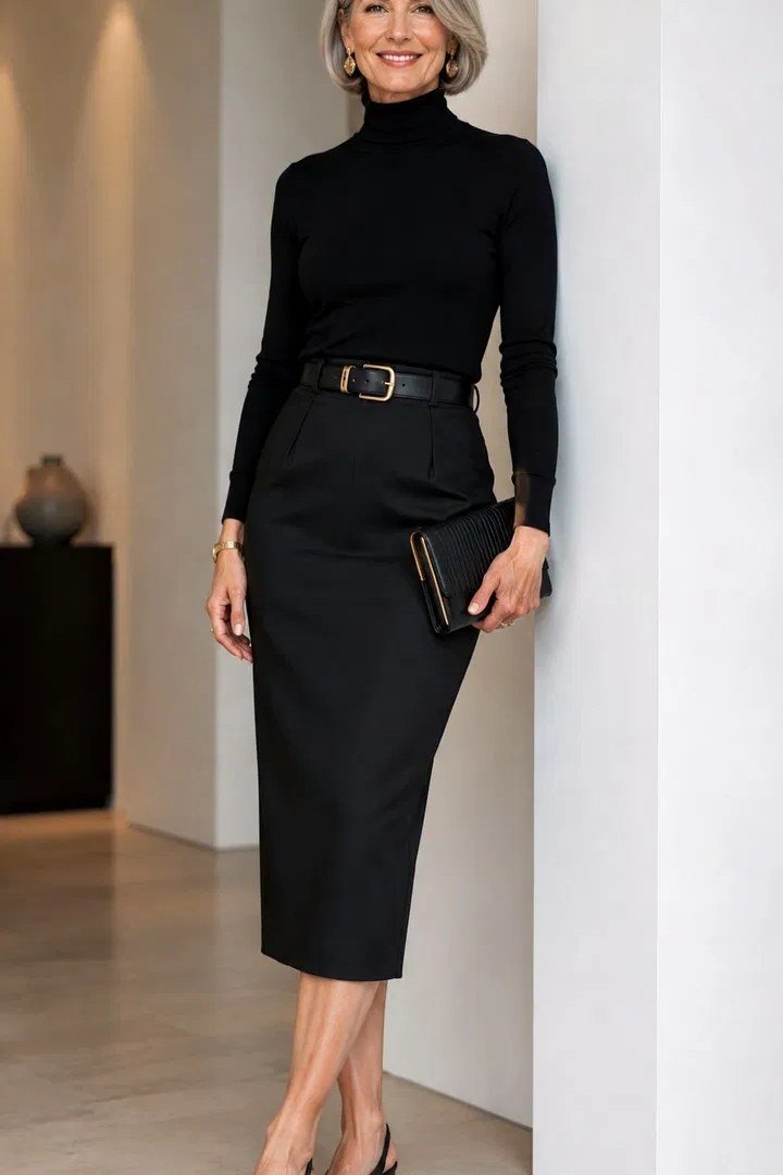 Woman over 50 in black turtleneck and black pencil skirt with belt