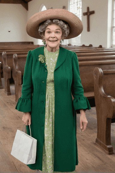 Older woman in emerald green skirt suit with matching hat in church