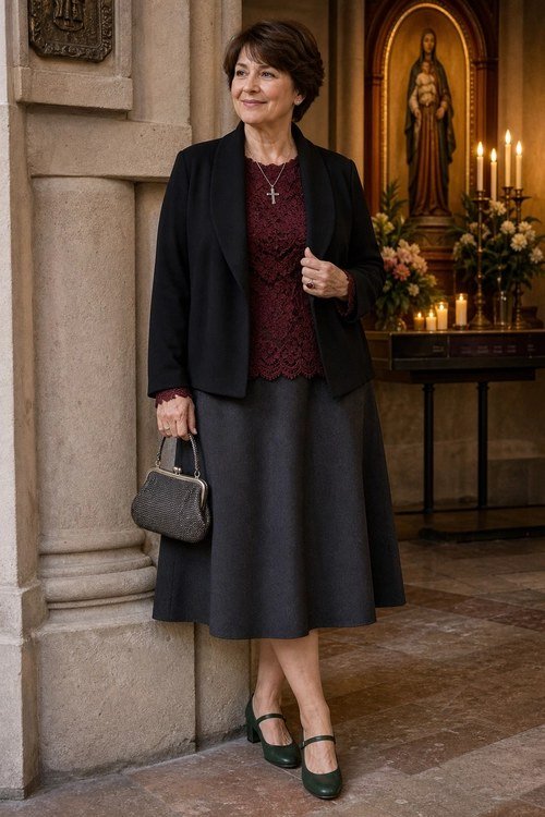 Older woman in black blazer with dark top and long black skirt