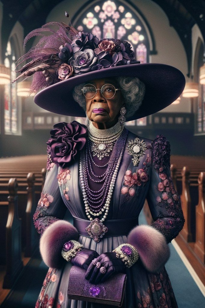 Older woman in purple brocade coat with feathered hat and pearls in church