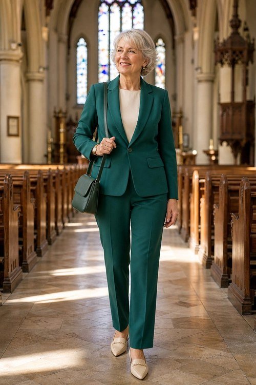 Older woman in emerald green pantsuit walking down church aisle