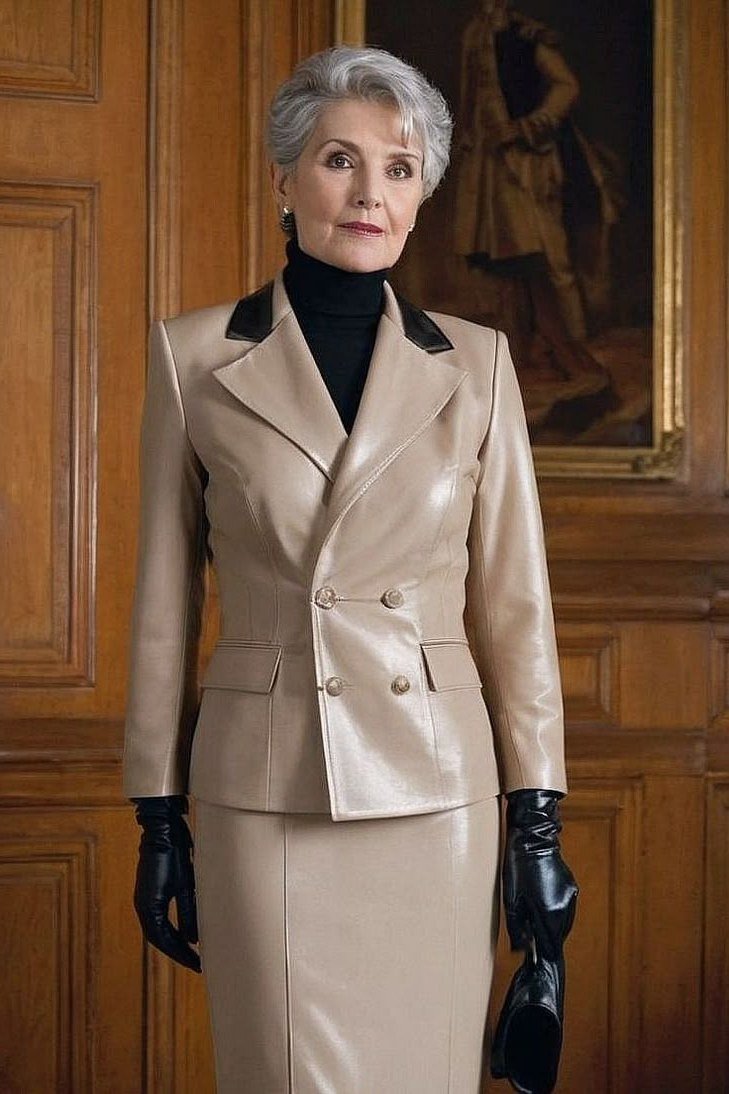 Older woman in champagne satin skirt suit with black gloves
