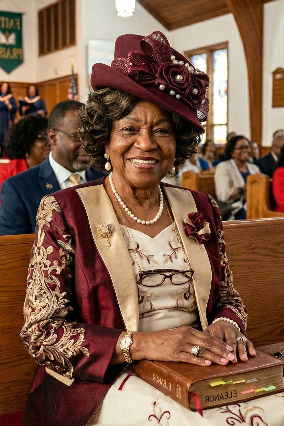 Older woman in burgundy and gold brocade jacket with burgundy hat in church pew