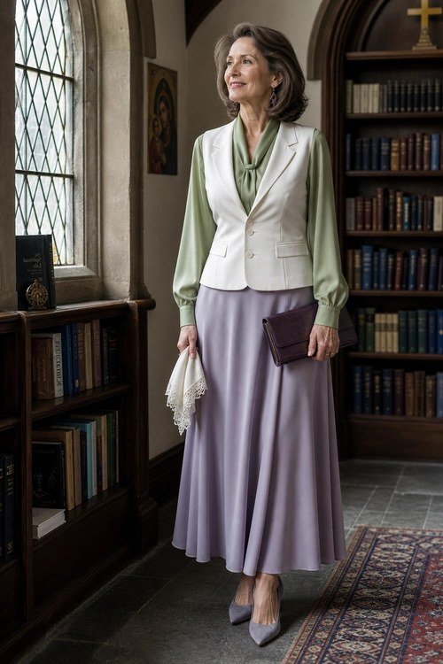 Older woman in white vest over green blouse with lavender maxi skirt