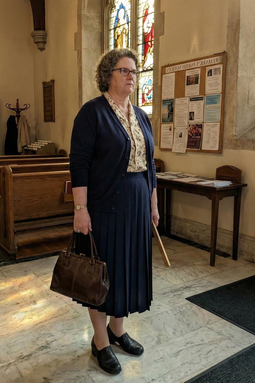 Older woman in navy cardigan over patterned blouse with navy midi skirt
