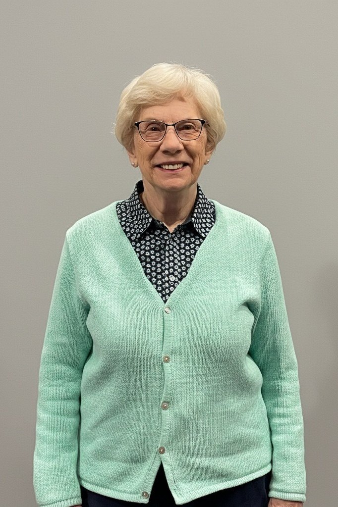 Older woman in mint green cardigan over patterned blouse