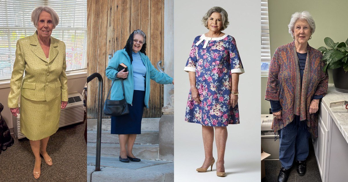 Collage of church outfits for women over 70: skirt suits, dresses and hats