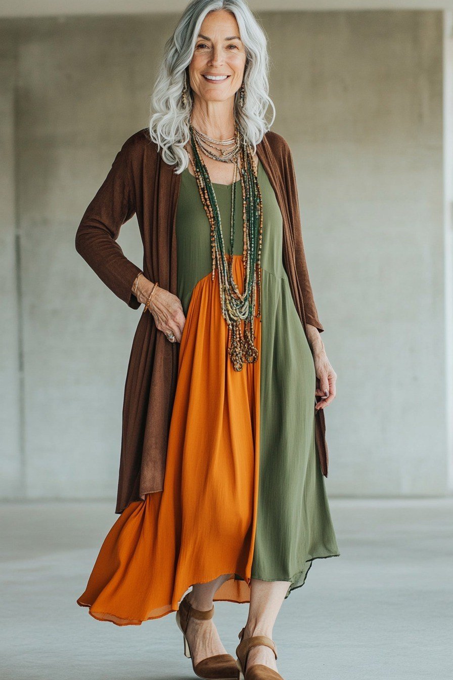 silver-haired woman over 60 wearing a bohemian color-block midi dress in olive green and burnt orange with a long rust-brown cardigan and stacked beaded necklaces