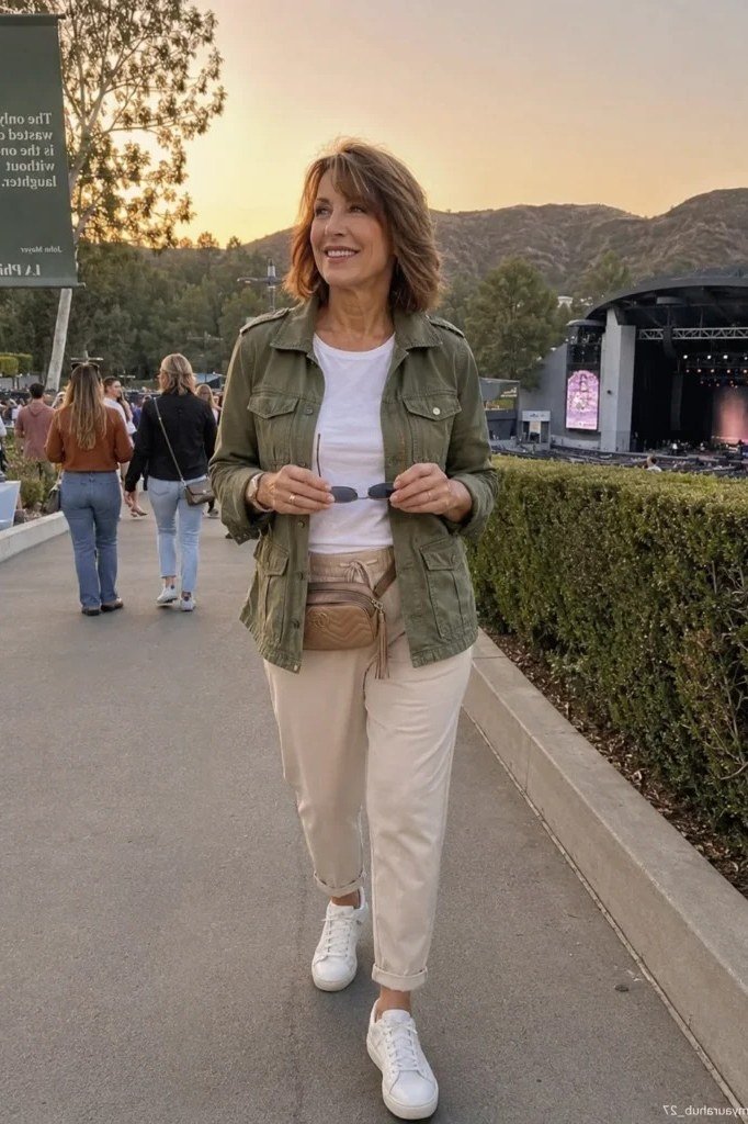 woman in her 40s walking toward an outdoor concert stage at sunset in an olive-green bomber jacket, white tee, cream rolled pants, white sneakers and a small brown belt bag
