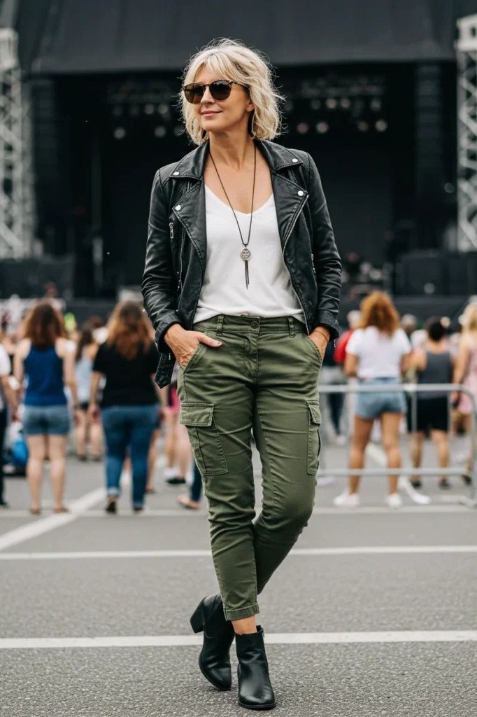 blonde woman in her 40s walking through a festival crowd in a black leather biker jacket, white tee, olive cargo pants and black ankle boots