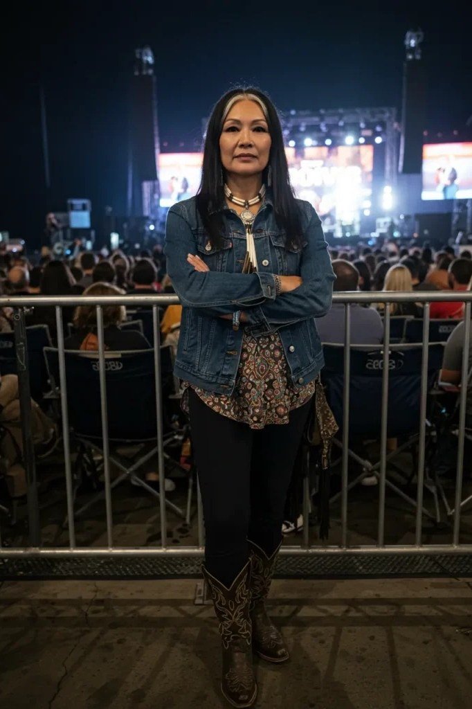 older woman with long dark hair at a nighttime outdoor concert in a medium-wash denim jacket over a dark patterned blouse, black leggings and embroidered cowboy boots