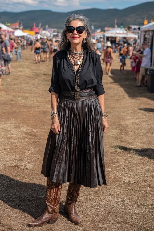 silver-haired woman in her 60s at a festival in a black button blouse, long black pleated midi skirt with a wide belt and brown embroidered cowboy boots