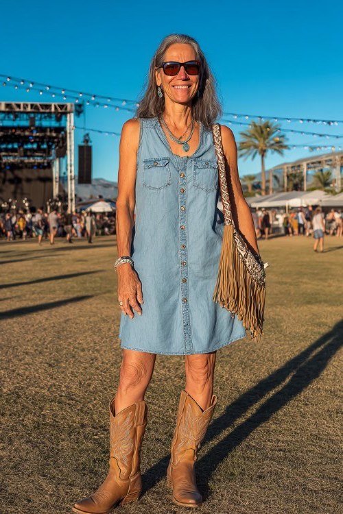 smiling gray-haired woman wearing a sleeveless chambray button-front shirt dress, tall tan cowboy boots and a fringe crossbody at a sunny festival