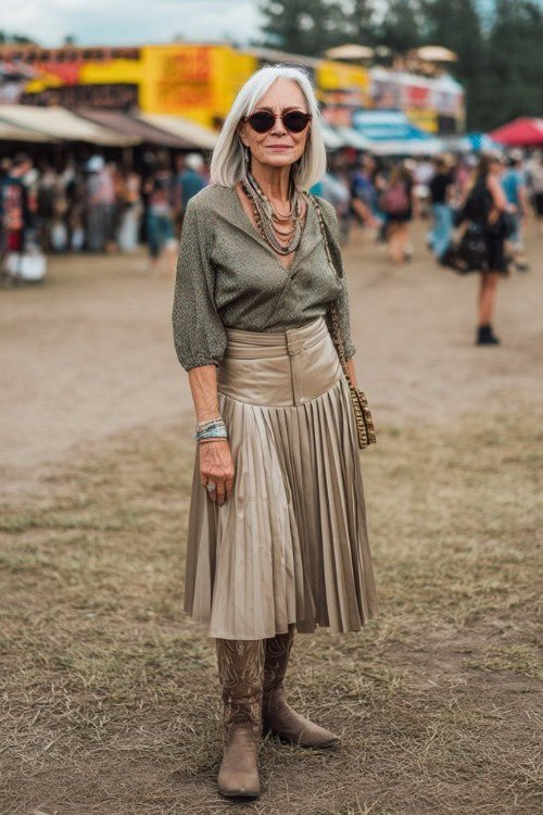 silver-haired woman in her 60s at a festival in an olive-green button blouse with draped neckline, a champagne pleated midi skirt and brown cowboy boots