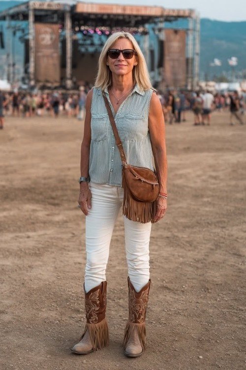 blonde woman standing at a festival in a sleeveless chambray button-front top tucked into white skinny jeans with a brown fringe crossbody and brown cowboy boots
