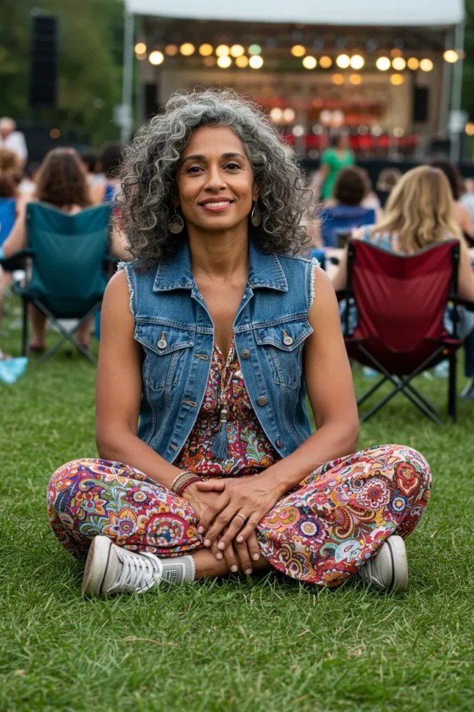 smiling gray-curly-haired woman sitting on festival grass in a denim vest over a colorful paisley maxi dress and white sneakers