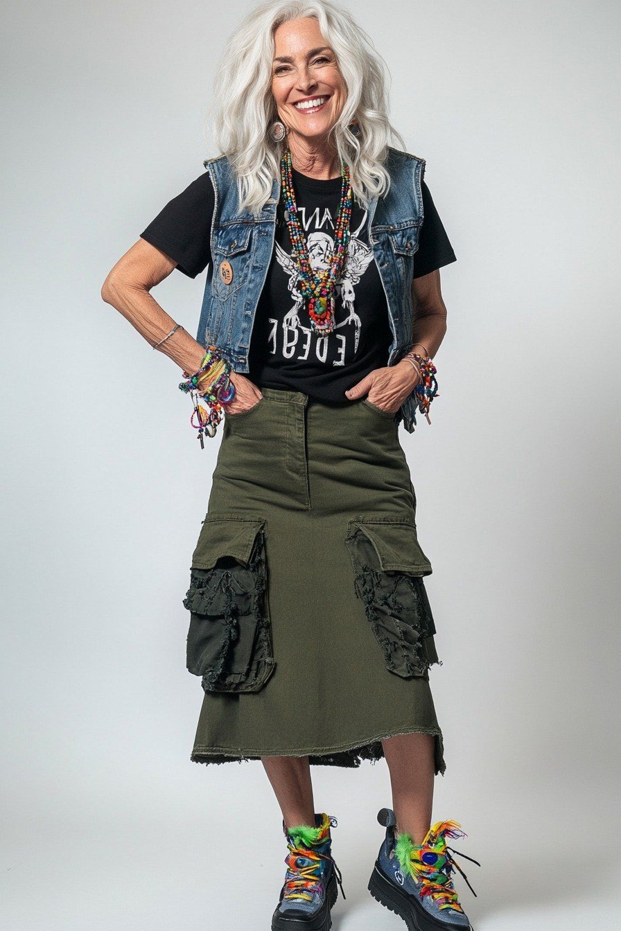 silver-haired woman in her 60s in a graphic band tee, cropped denim vest, olive cargo midi skirt and colorful high-top sneakers