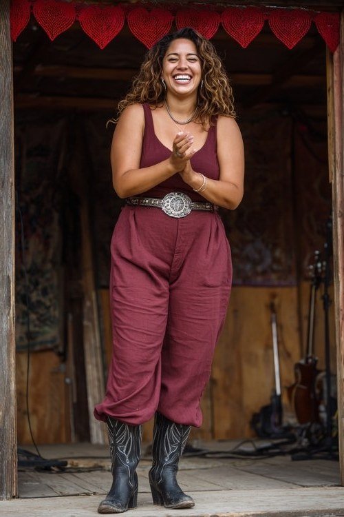 laughing curly-haired woman in her 40s on a wooden stage in a sleeveless burgundy jumpsuit with a large concho belt and dark cowboy boots