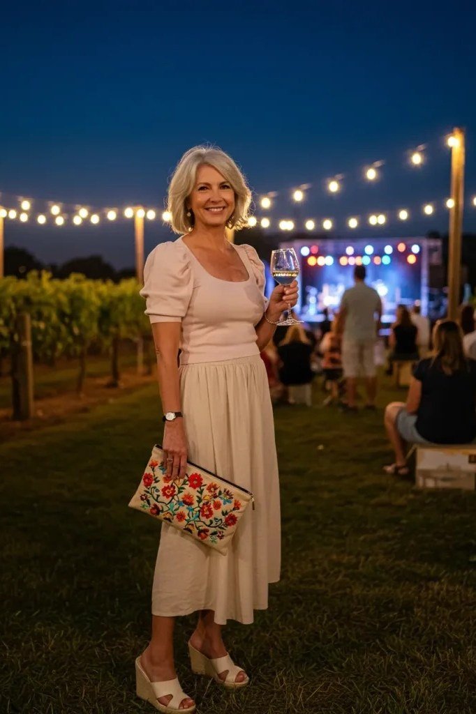 blonde woman holding a wine glass at an outdoor night concert in a blush square-neck midi dress with puff sleeves, wedge sandals and an embroidered floral clutch