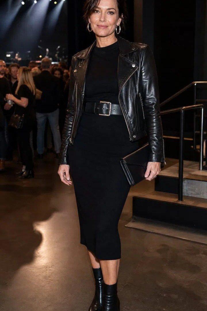 woman in her 40s backstage in a black leather biker jacket belted over a black ribbed midi dress and black ankle boots