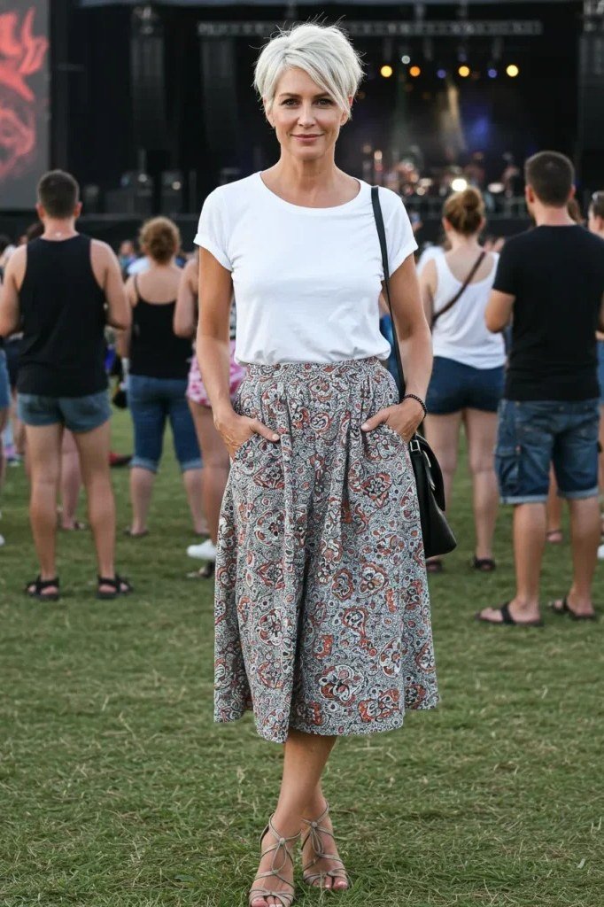 short-haired silver woman standing on festival grass in a plain white tee tucked into a floral-print midi skirt and strappy flat sandals