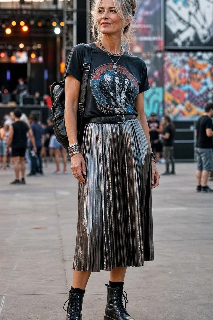 gray-haired woman at a festival in a vintage-style band tee, a shimmery pleated midi skirt and black lace-up combat boots with a backpack
