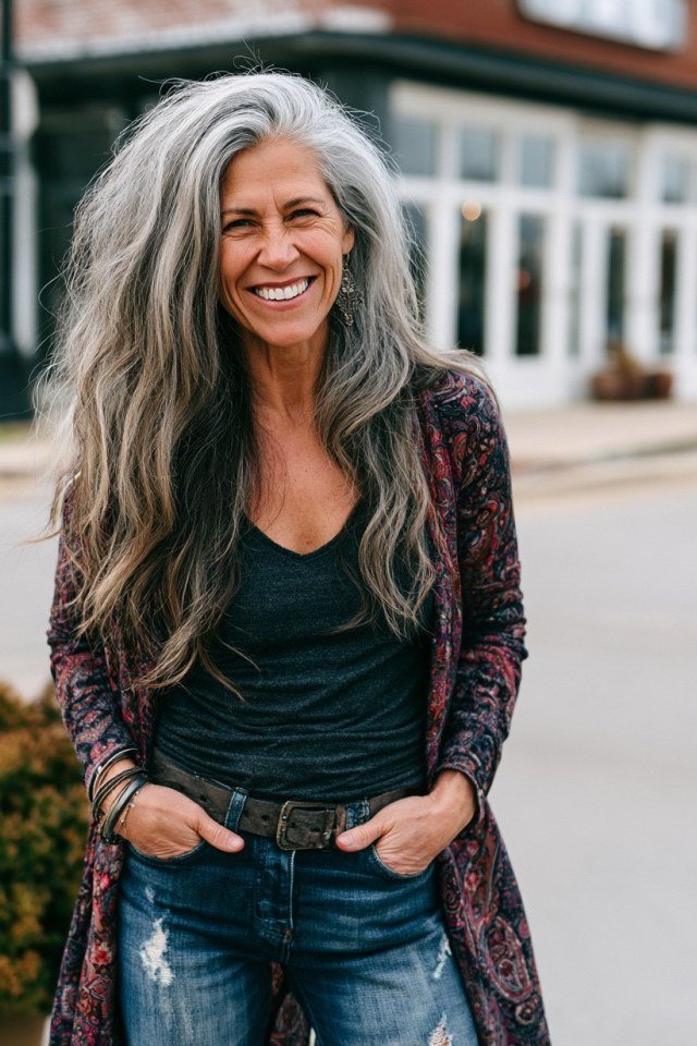 laughing silver-haired woman in her 60s in a dark tee under a long burgundy paisley kimono, ripped boyfriend jeans and a wide belt