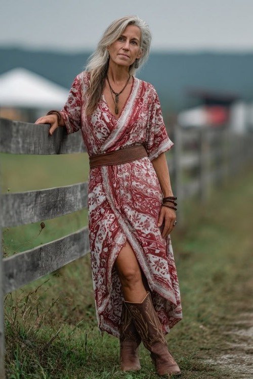 silver-haired woman leaning on a wooden fence in a pink-and-rust paisley faux-wrap midi dress with a leg slit, a wide brown belt and brown cowboy boots