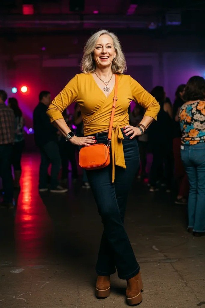 smiling blonde woman at a night concert in a mustard tie-front long-sleeve top, dark flared jeans, tan ankle boots and an orange crossbody