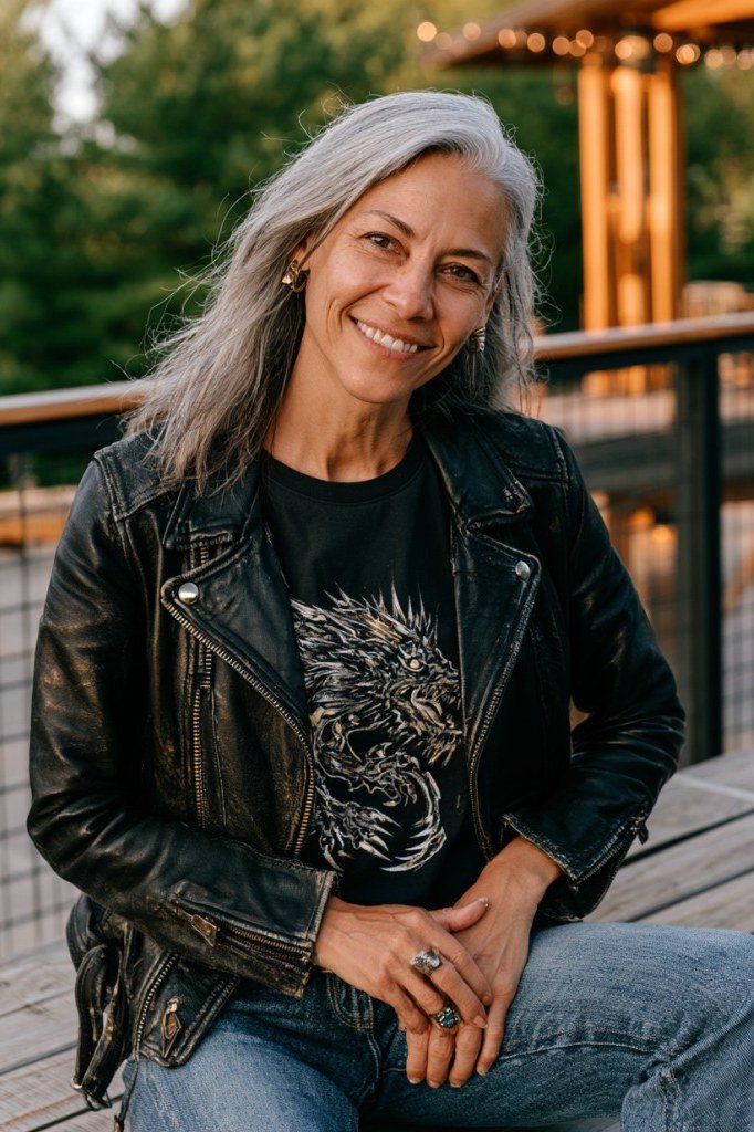 smiling gray-haired woman sitting outdoors in a black leather moto jacket over a dragon-print graphic tee and jeans