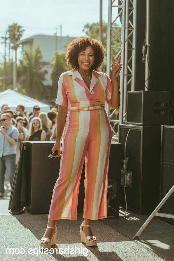 smiling curly-haired woman waving beside an outdoor stage in a peach-and-cream striped wide-leg jumpsuit and wedge sandals