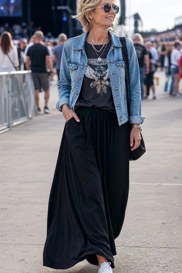blonde woman walking a festival in a light-wash denim jacket over a graphic tee, a long black maxi skirt and white sneakers