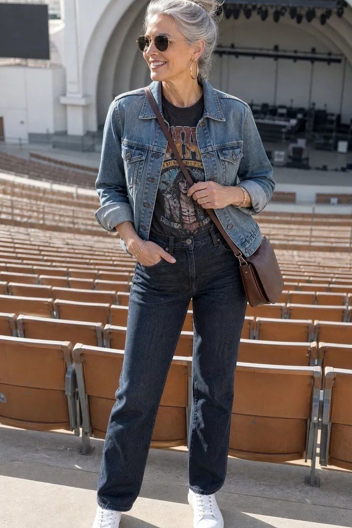gray-haired woman standing in an amphitheater in a medium-wash denim jacket over a graphic band tee, dark jeans, white sneakers and a brown crossbody