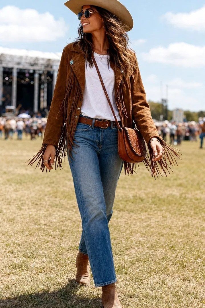 woman in her 40s walking a festival field in a cognac fringe suede jacket, white tee, medium-wash jeans, a brown belt and tan boots with a straw hat