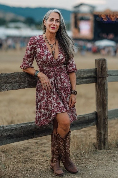 silver-haired woman leaning against a wooden fence in a burgundy floral faux-wrap mini dress and tall brown embroidered cowboy boots