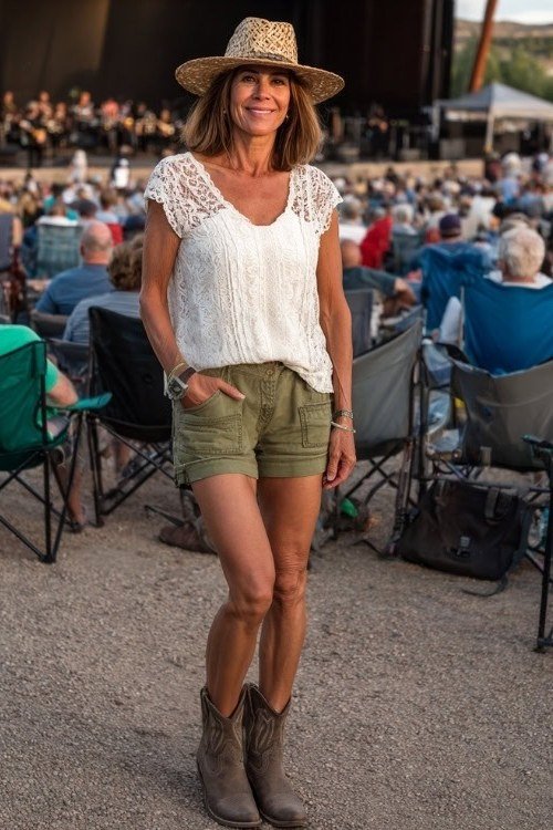 woman posing at a festival in a white eyelet lace top, olive utility shorts and taupe cowboy boots with a straw hat in hand