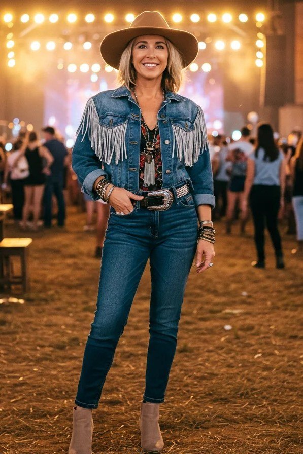 blonde woman at a night venue in a denim jacket with long white fringe, dark skinny jeans, a big concho belt and tan ankle boots with a cowboy hat on